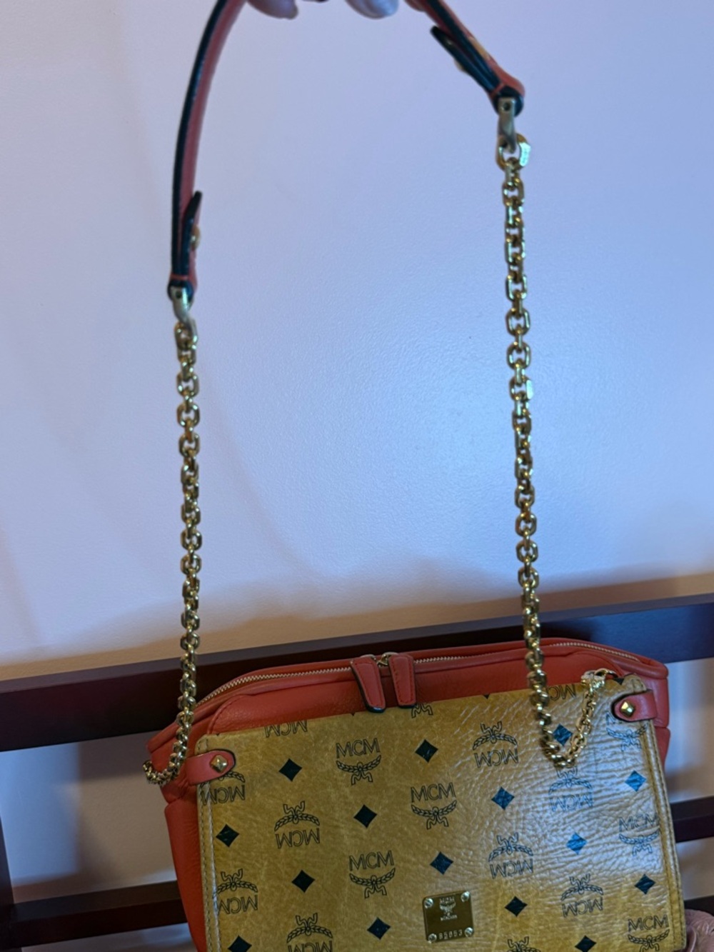 MCM Tan Visetos Monogram Crossbody with Coral Trim - Picture 6 of 14